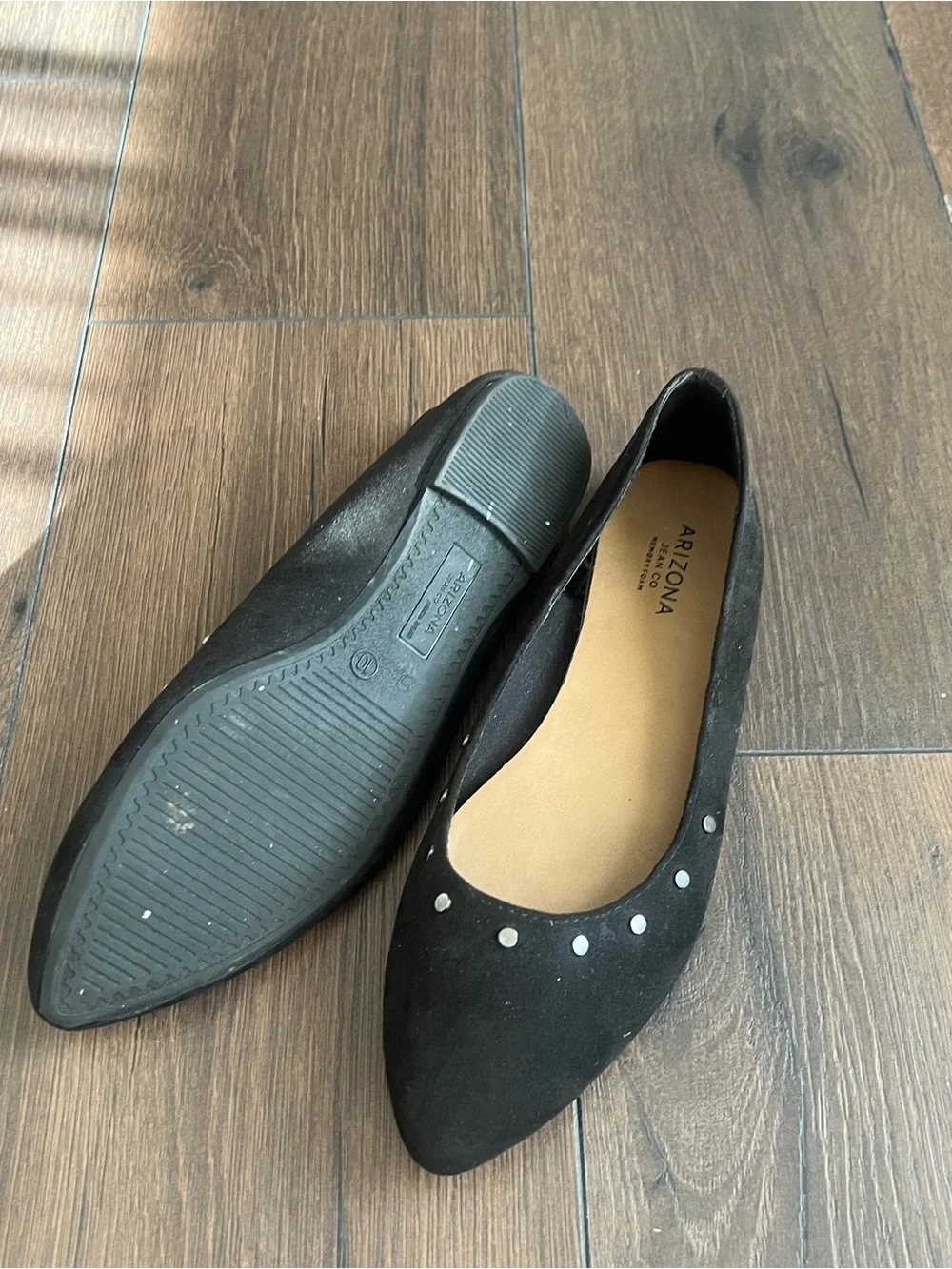 Arizona Jean Company Black Pointed-Toe Flats with Silver Stud Accents